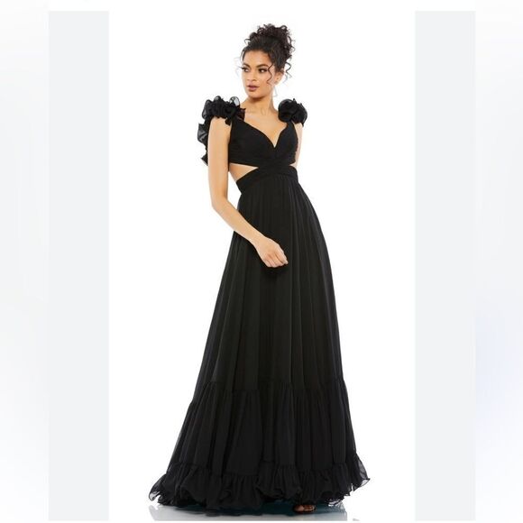 Mac Duggal #67911 black Ruffle Tiered Chiffon Cut out Gown lace up NWT $598 4 - Picture 1 of 16